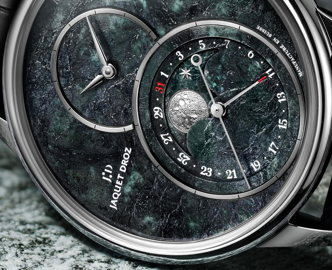 Jaquet Droz Grande Seconde Moon Swiss Serpentinite - kamienna tarcza